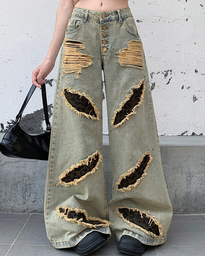 Post-Apocalyptic Printed Distressed Floor-Length Jeans