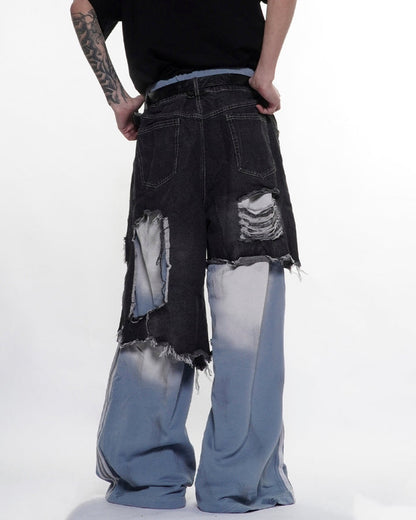 Faux Two-Piece Distressed Casual Pants
