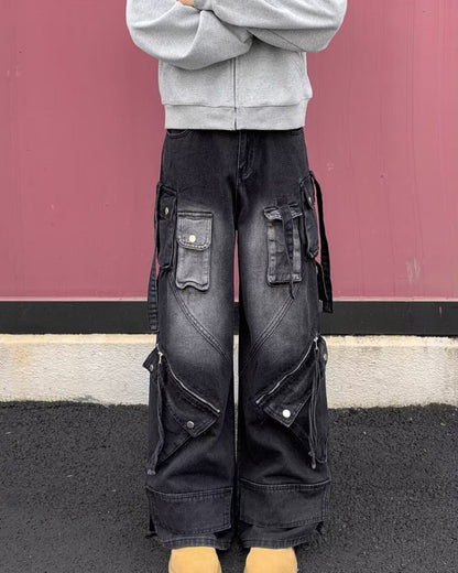 Retro Multi-Pocket Cargo Denim Pants