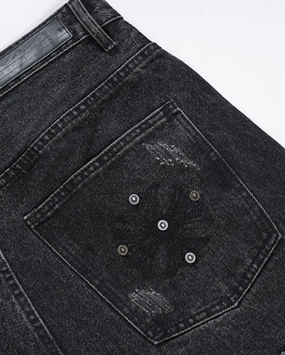 Retro Distressed Rivet Wide-Leg Denim Jeans
