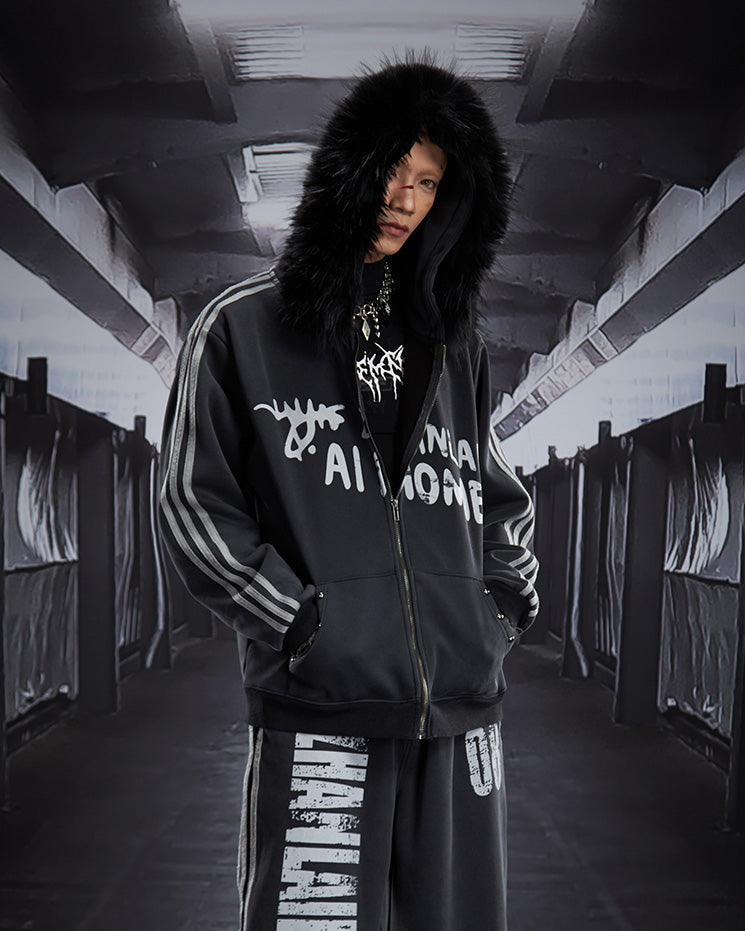 Gradient Faux Fur Hood Zip Hoodie