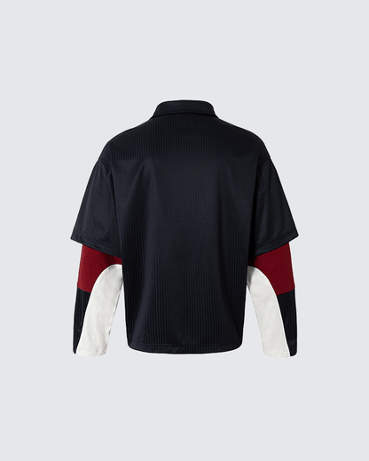Colorblock Patchwork Polo Collar Long Sleeve T-Shirt