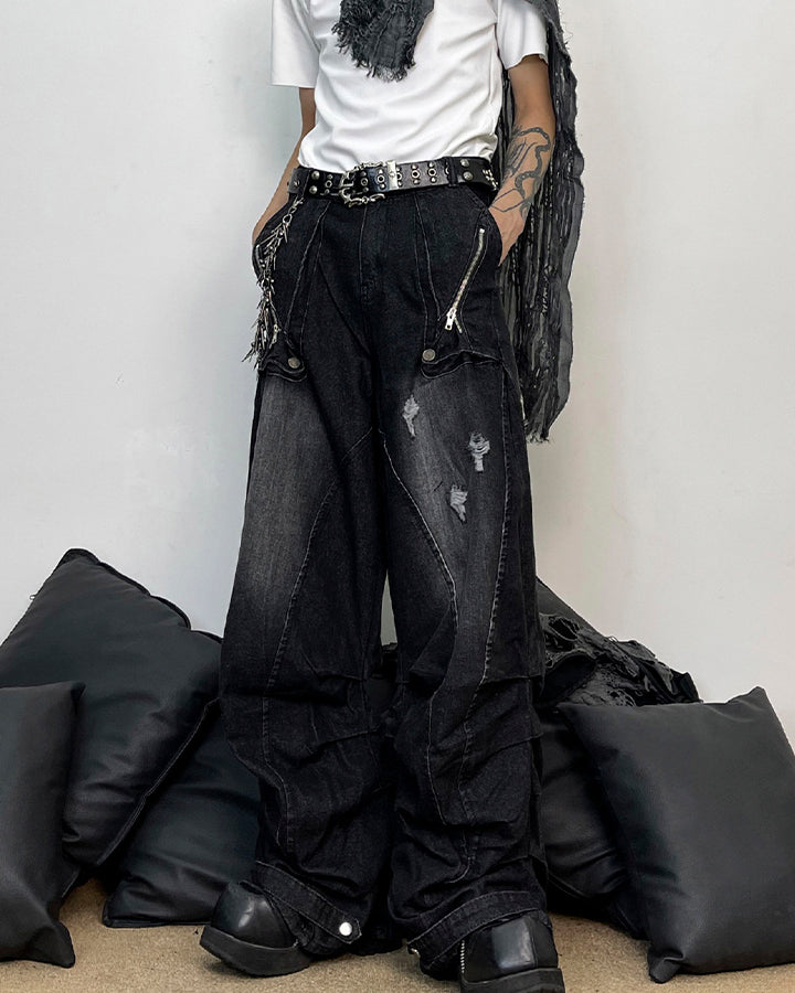 Washed Distressed Wide Leg Jeans