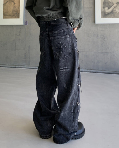 Retro Distressed Rivet Wide-Leg Denim Jeans