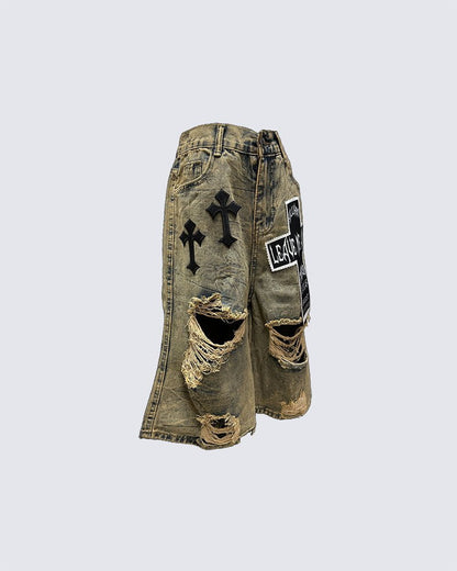 Distressed Gothic Patchwork Denim Shorts with Chains