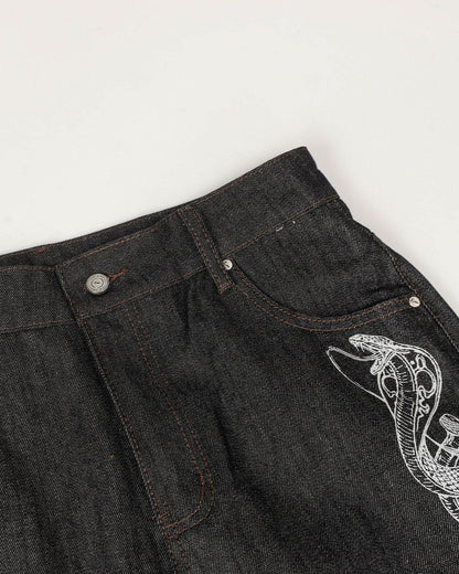Street Style Snake Embroidery Denim Pants
