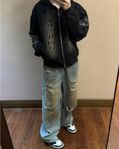 Dark Distressed Ripped Hooded Sweatshirt