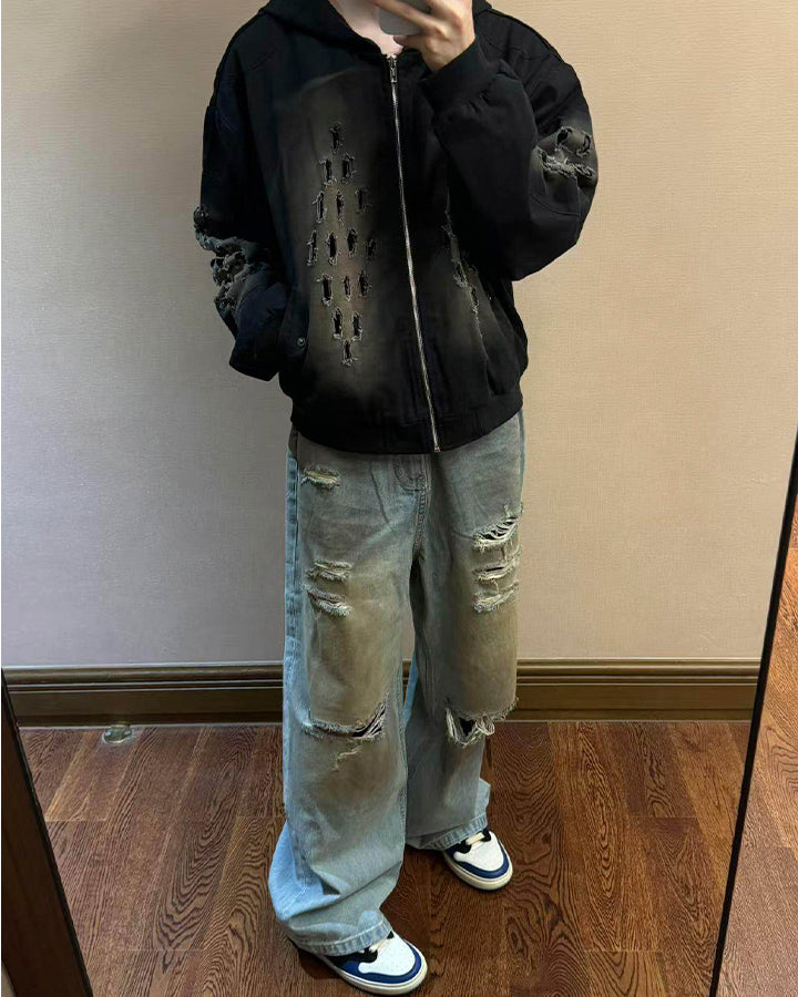 Dark Distressed Ripped Hooded Sweatshirt