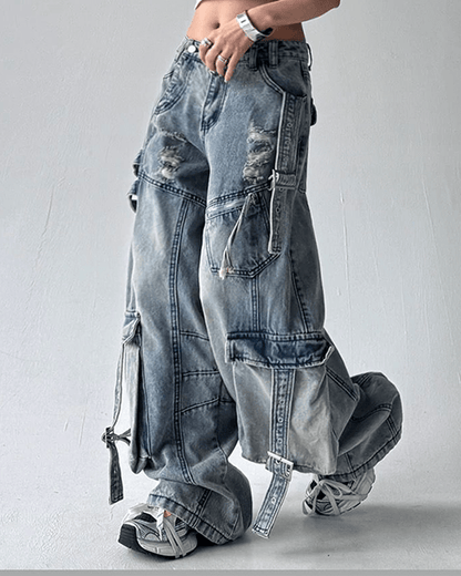 Ripped Denim Cargo Pants – Street Style
