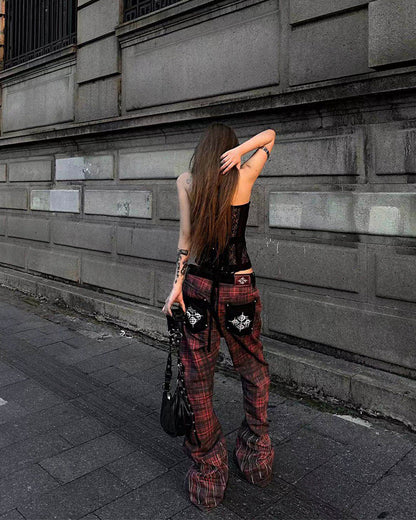 Plaid Frayed Patchwork Printed Pants