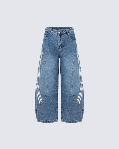 Striped Panel Washed Denim Pants