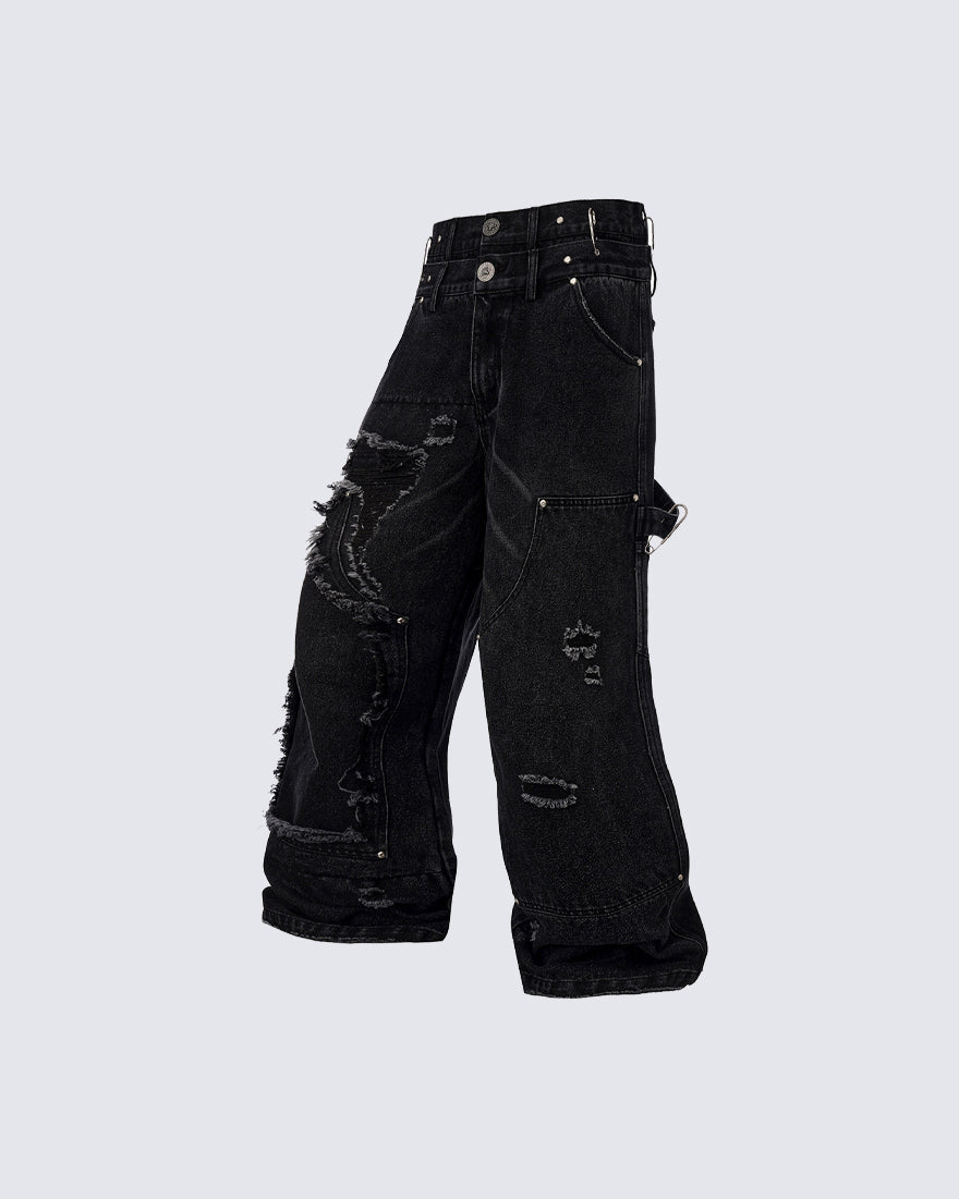 Double-Waist Heavy Patchwork Denim Pants