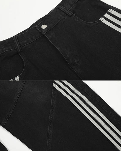 Striped Panel Wide-Leg Denim Pants
