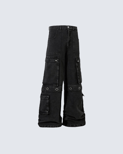 Black Wide-Leg Cargo Pants with Metal Grommets