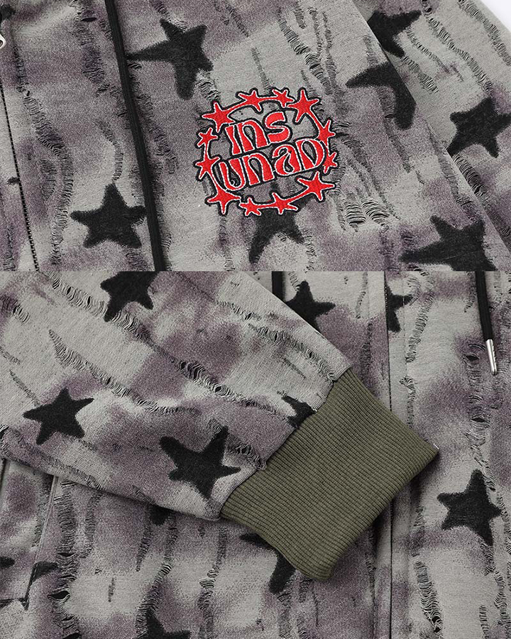 Star Pattern Distressed Zip-Up Hoodie