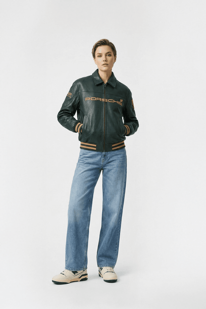 Porsche Vintage Leather Bomber Jacket - Green Edition
