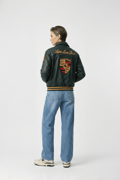 Porsche Vintage Leather Bomber Jacket - Green Edition