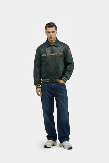 Porsche Vintage Leather Bomber Jacket - Green Edition