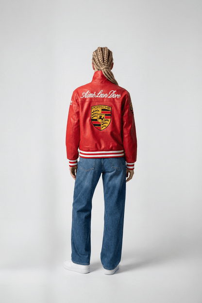 Porsche Vintage Leather Bomber Jacket - Red Edition