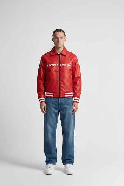 Porsche Vintage Leather Bomber Jacket - Red Edition