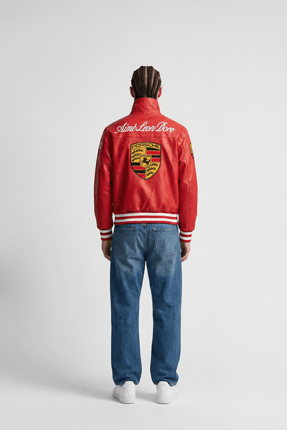 Porsche Vintage Leather Bomber Jacket - Red Edition