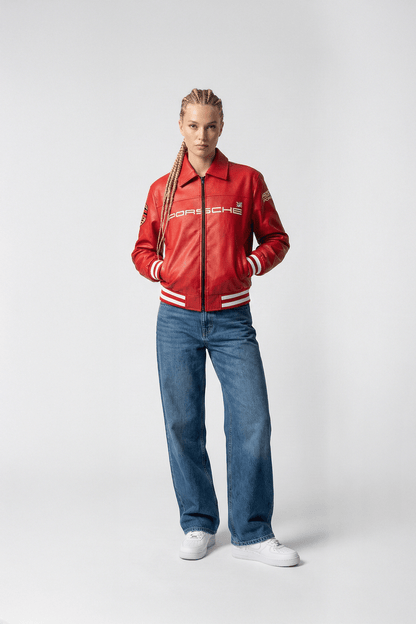 Porsche Vintage Leather Bomber Jacket - Red Edition