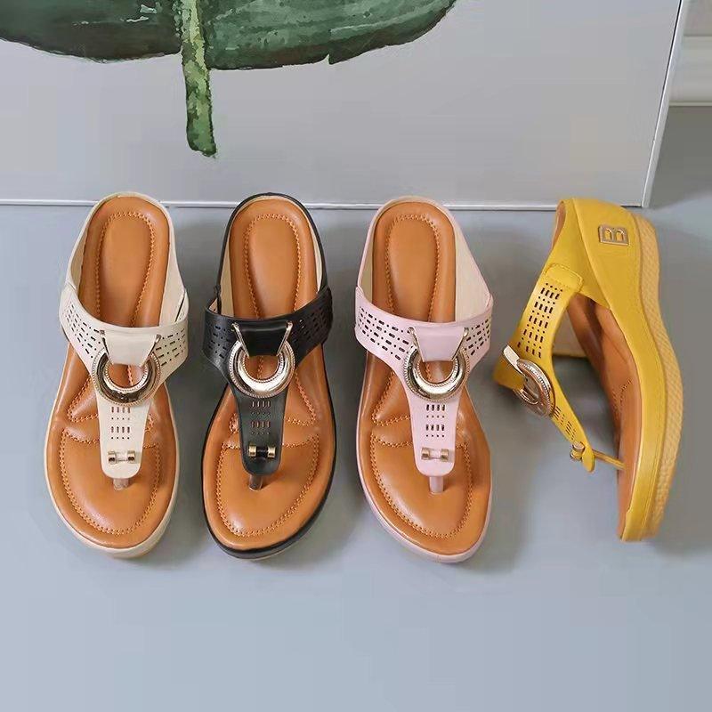Boho Wedge Flip-Flops — Gold Ring Detail, Summer Platform